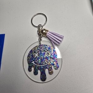 Glittery Smiley Keychain with Purple Tassel
